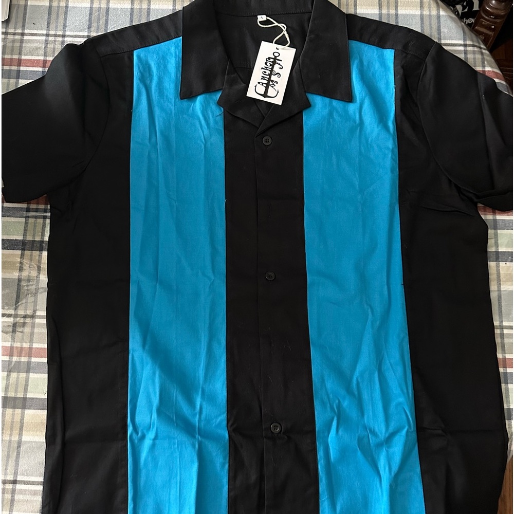 Anchor MSJ Rockabilly Cotton Mens Short Sleeve Shirt~Black 2 Blue Stripes~Size L